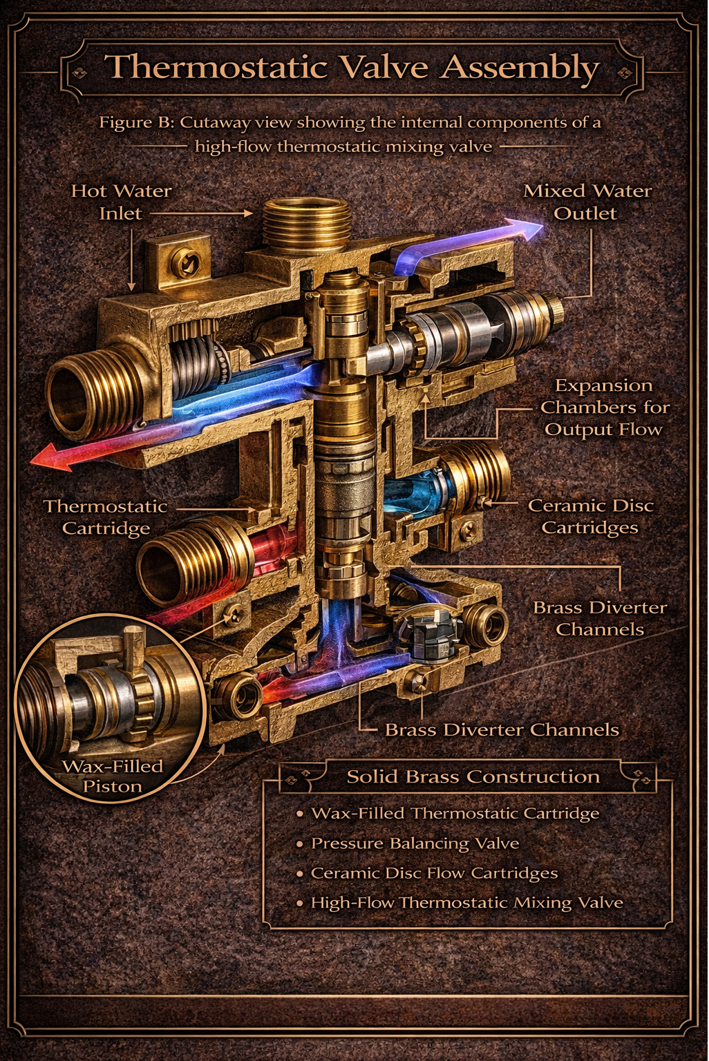 Cutaway view of thermostatic valve assembly showing ceramic cartridge and check valves